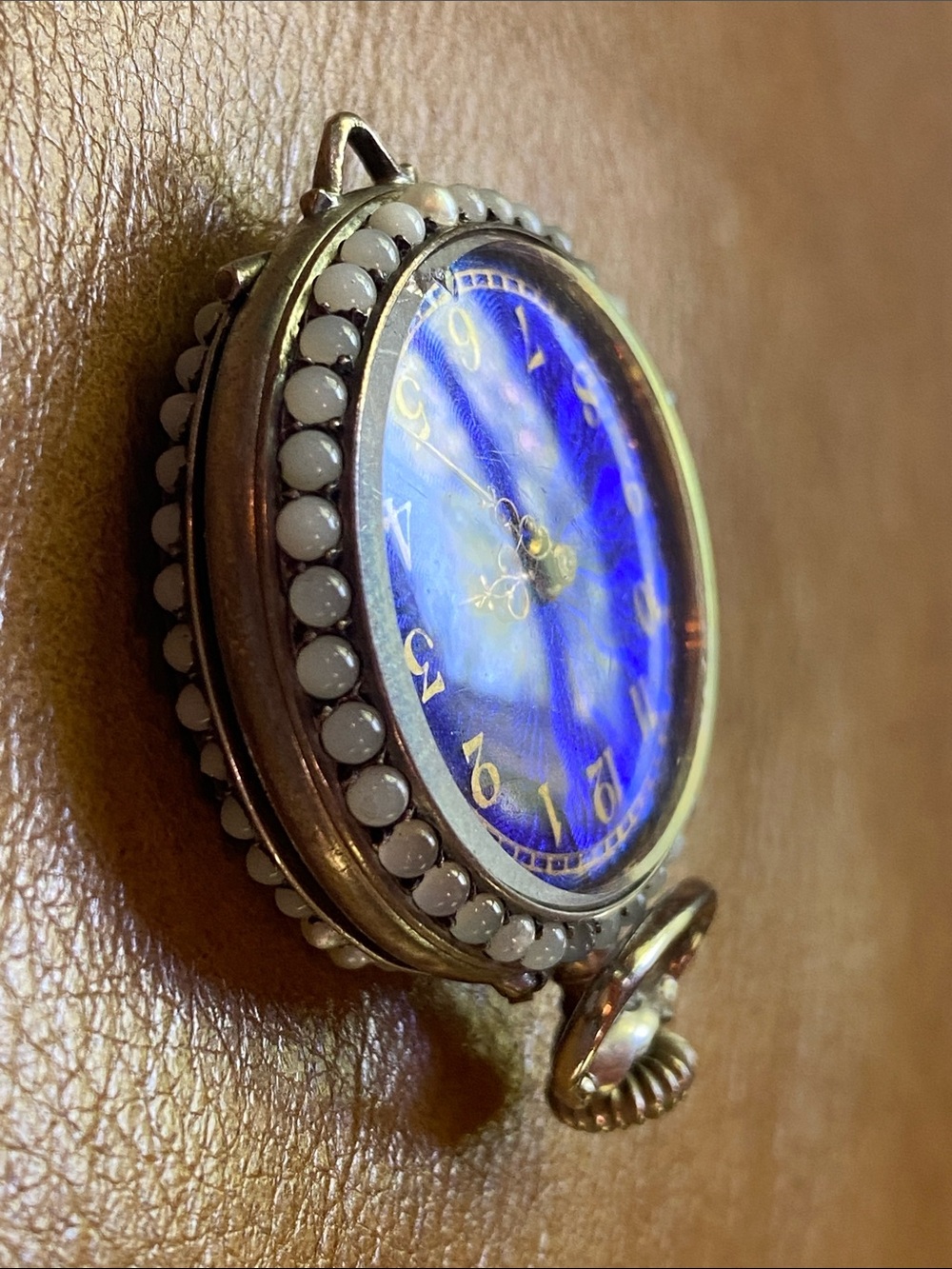 100+ years old, working Swiss pendant watch blue guilloche enamel Fleur de Lis